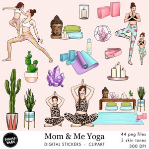 Mom and Me yoga illustrated clipart, Mother daughter digital stickers, planner icons, graphics bundle, png, hand drawn illustration, fitness
