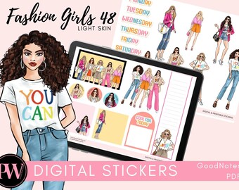 Digital GoodNotes and Printable stickers PDF, instant download Fashion girls 48 - light skin