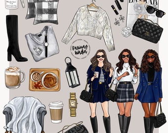 Fall Fashion Clipart: City Girls, Autumn Style Graphics (Digital Download)