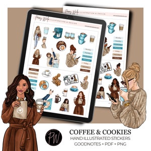 Coffee Girl Planner Stickers: Digital GoodNotes, Printable PDF, PNG