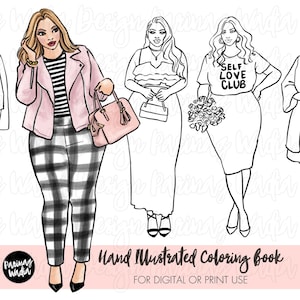 Fashion Coloring Book for digital or print use, Curvy girl Adult / Kids Coloring pages, printable coloring pages, png coloring pages