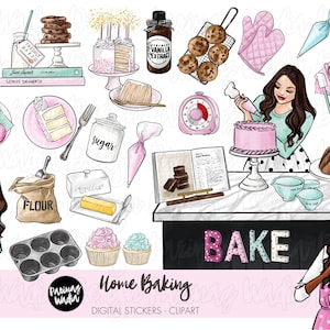 Hand Drawn Fashion Illustration Clip Art Bundle, Home Baking Watercolor Clipart Icons,  Planner Sticker Graphics, cookies, cupcakes PNG