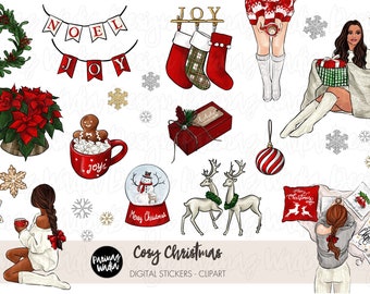 May include: A set of digital Christmas stickers featuring a variety of festive elements, including a red poinsettia, a snowman in a snow globe, a reindeer, a woman in a red and white sweater, a woman in a grey sweater, a mug with marshmallows, a red and white Christmas ornament, and a wreath with red berries.