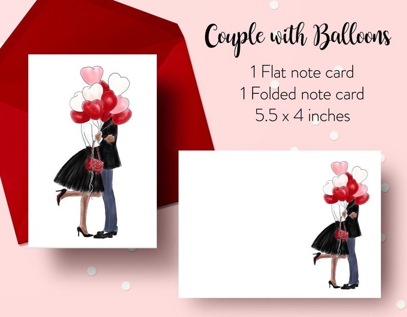 fashion illustration Dark Skin instant download Fashion note cards Printable Note Cards Couple with Balloons