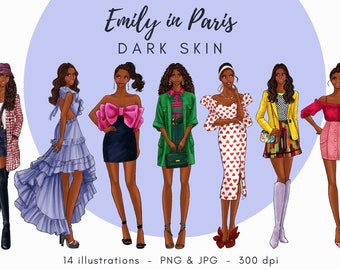 May include: Illustration of seven women with dark skin wearing different outfits. The women are standing in front of a purple circle with the text "Emily in Paris DARK SKIN" above them. The text "14 illustrations - PNG & JPG - 300 dpi" is below the women.