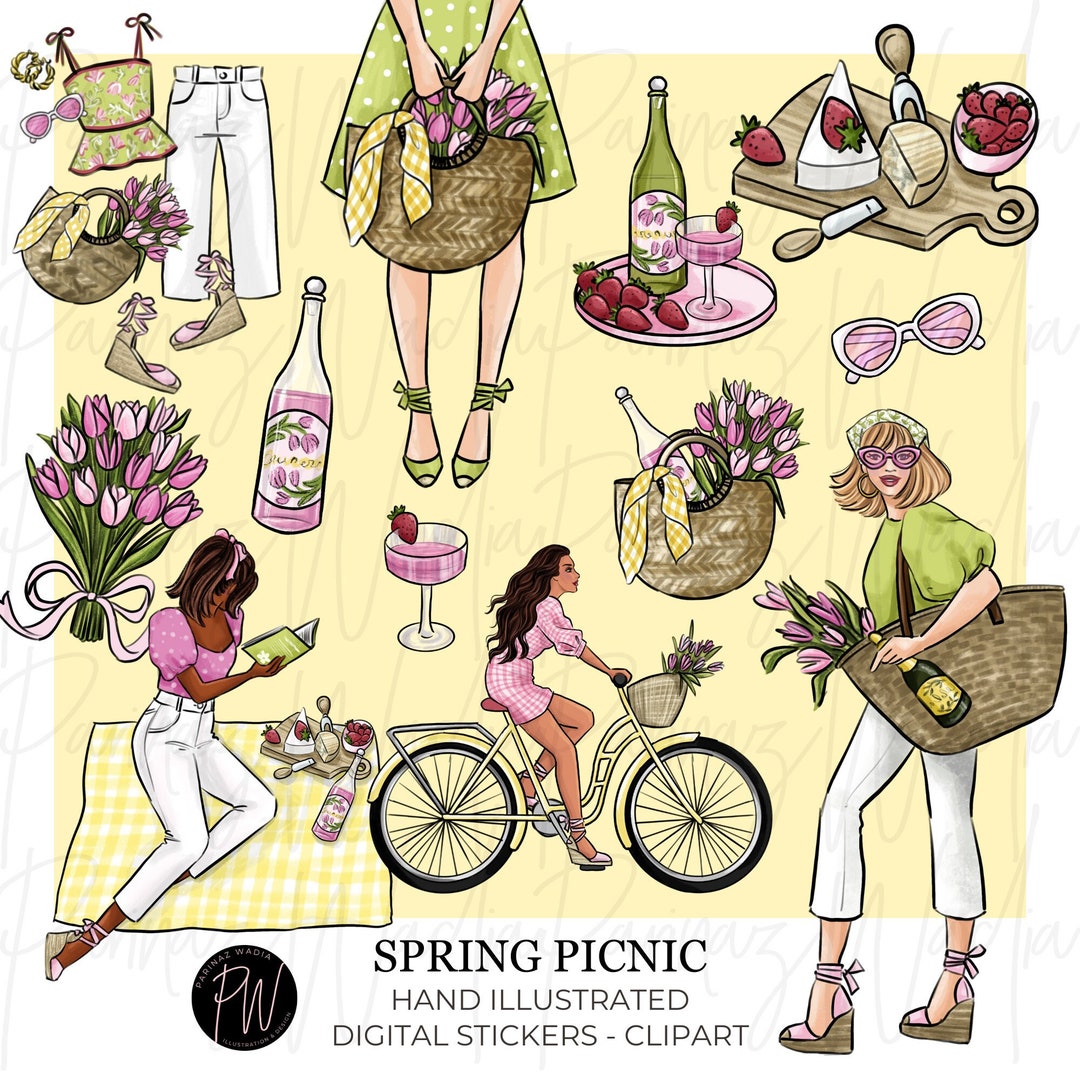 Spring Picnic Graphics Spring Picnic Clipart: Hand-drawn Fashion Girls, Planner Stickers (PNG ...