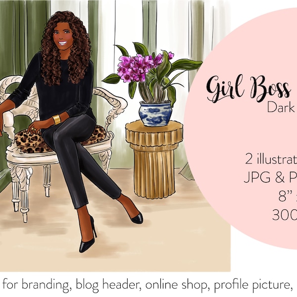 Girl boss 10 - Dark Skin Fashion illustration, printable art, instant download, fashion print, watercolor illustration, sublimation