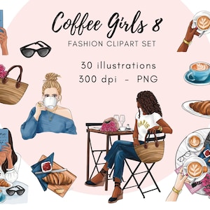 Coffee Girls 8 Fashion illustration clipart, printable art, instant download, fashion print, watercolor clipart PNG, planner dolls