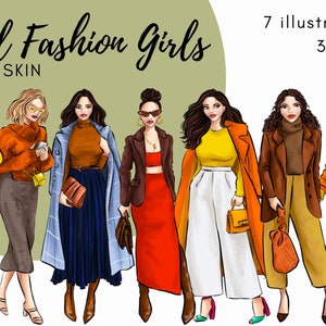 Fall Fashion Girls - Lichte Huid Mode illustratie clipart - PNG