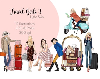 Travel Girls Watercolor Clipart: Fashion Illustration Art (Digital Download)