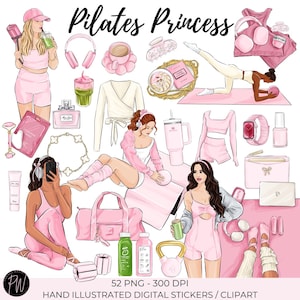 Gráficos de adesivos de planejador, estética de garota de balé, Clip Art de ilustração de moda desenhada à mão, Ícones de clipart de aquarela, pacote PNG