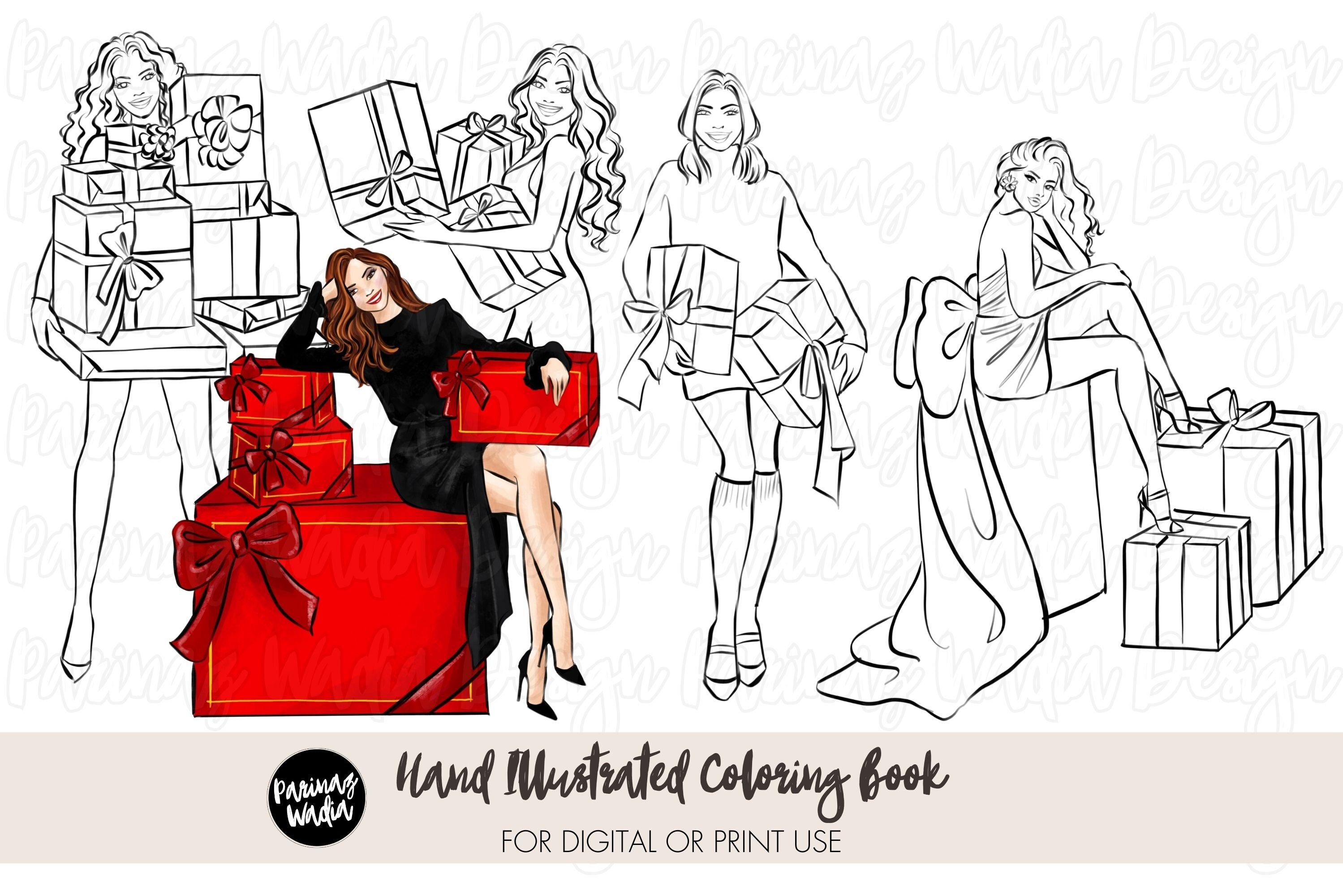 Christmas Fashion Coloring Book – Hand‑Illustrated Holiday Style, 5 Adult Coloring Pages (PDF + PNG) for Digital or Print