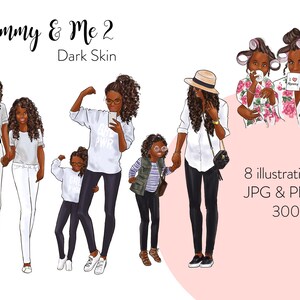 Mommy & Me 2 - Dark Skin Fashion illustration clipart, printable art, instant download, fashion print, watercolor clipart, sublimation