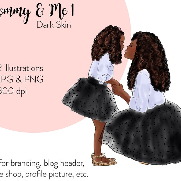 Mommy & Me 1 - Dark Skin Fashion illustration, printable art, instant download, fashion print, watercolor illustration