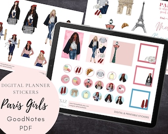 Paris Girl pre cropped GoodNotes planner stickers, digital stickers, Printible PDF, instant download