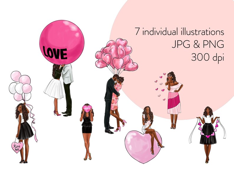Valentine's Day Fashion Clipart: Dark Skin Watercolor Illustration (Digital Download) image 2