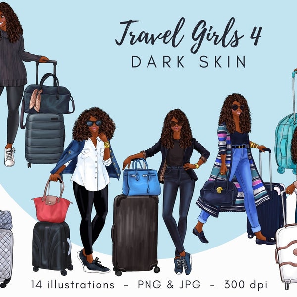Travel girls 4 - Dark Skin Fashion illustration clipart, printable art, instant download, fashion print, watercolor clipart