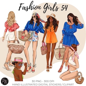 Summer Planner Sticker Graphics, Summer girl aesthetic, Hand Drawn Fashion Illustration Clip Art, Watercolor Clipart Icons, PNG bundle