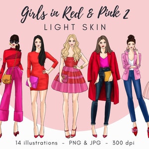 Meisjes in rood & roze 2 - lichte huid Fashion illustratie clipart, afdrukbare kunst, instant download, fashion print, aquarel clipart