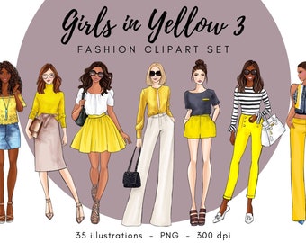 Girls in Yellow 3 watercolor, printable, fashion illustration, instant download, sublimation