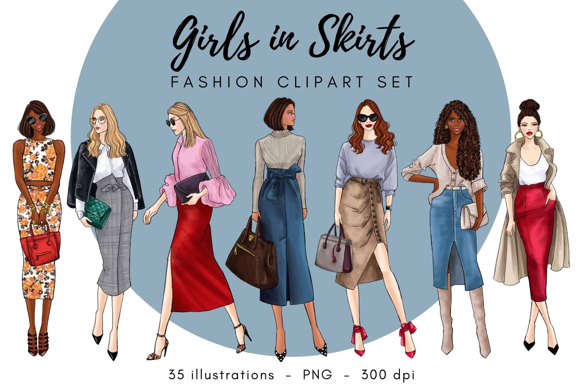 Girls in Skirts Fashion Clipart Set Watercolor Printable Etsy