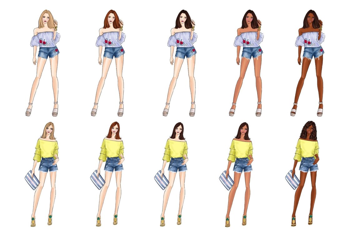 Girls in Shorts Fashion Clipart Set Watercolor Printable - Etsy