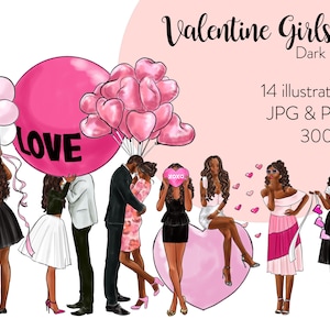 May include: Digital illustration set of 14 Valentine's Day themed images featuring Black women in various poses with hearts, balloons, and the word "LOVE".