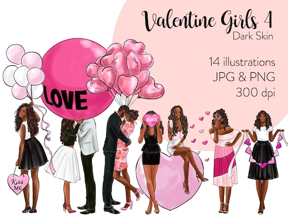 Valentine's Day Fashion Clipart: Dark Skin Watercolor Illustration (Digital Download)