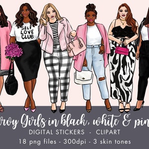 Curvy girl clipart, Curvy Girls in Black, white and pink digital stickers, printable art, fashion print, watercolor clipart PNG