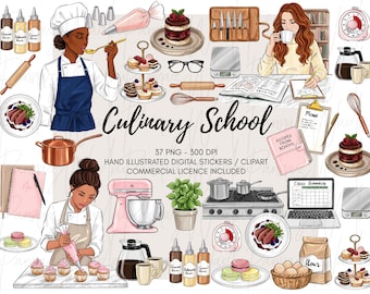 May include: A digital clipart collection titled Culinary School featuring hand-illustrated culinary items including chefs, a stand mixer, a stove, various desserts, baking tools, a laptop with a class schedule, and recipe books for commercial use.