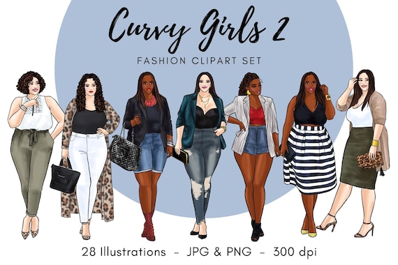 Curvy Girls 2 Fashion Clipart Set Light Skin & Dark Skin Watercolour  Illustration 