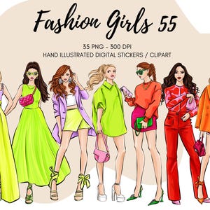 Adesivi per planner Fashion Girl, clipart disegnati a mano, clipart di illustrazioni di moda, clipart acquerello, pacchetto PNG, clipart per uso commerciale