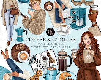 May include: A set of digital stickers featuring illustrations of coffee and cookies. The stickers include a woman in a brown coat holding a bag of cookies, a woman in a sweater holding a cup of coffee, a woman in jeans and a sweater reading a book, a coffee maker, a french press, a cup of coffee, a plate of cookies, and a croissant.