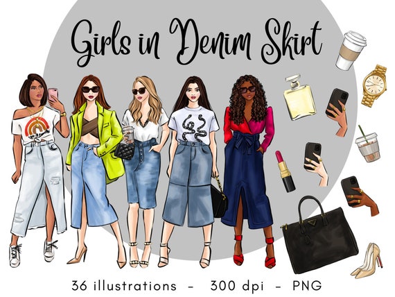 Girls in Denim Skirt Fashion Illustration Clipart PNG Sublimation Etsy