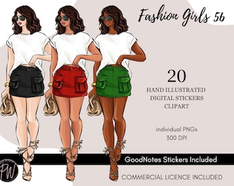 Fashion Girl plannerstickers: aquarel clipart png-bundel (commercieel gebruik) (digitale download)
