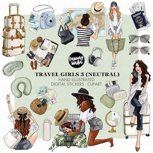 Clipart de ilustração de moda desenhada à mão, clipart de meninas de viagens neutras png, adesivo de planejador de viagens PNG, pacote de adesivos de viagem digital