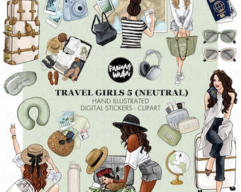 May include: A set of digital stickers featuring illustrations of women traveling. The stickers include a suitcase, a passport, a map, sunglasses, a neck pillow, a travel magazine, a water bottle, a hat, and a globe. The stickers are perfect for adding a touch of travel to your digital planner, journal, or scrapbook.