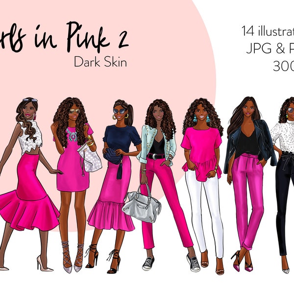 Girls in Pink 2 - Dark Skin Fashion illustration clipart, printable art, instant download, fashion print, watercolor clipart