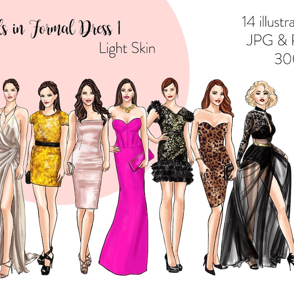 Girls in Formal Dress 1 - Light Skin Fashion illustration clipart, printable art, instant download, fashion print, watercolor clipart