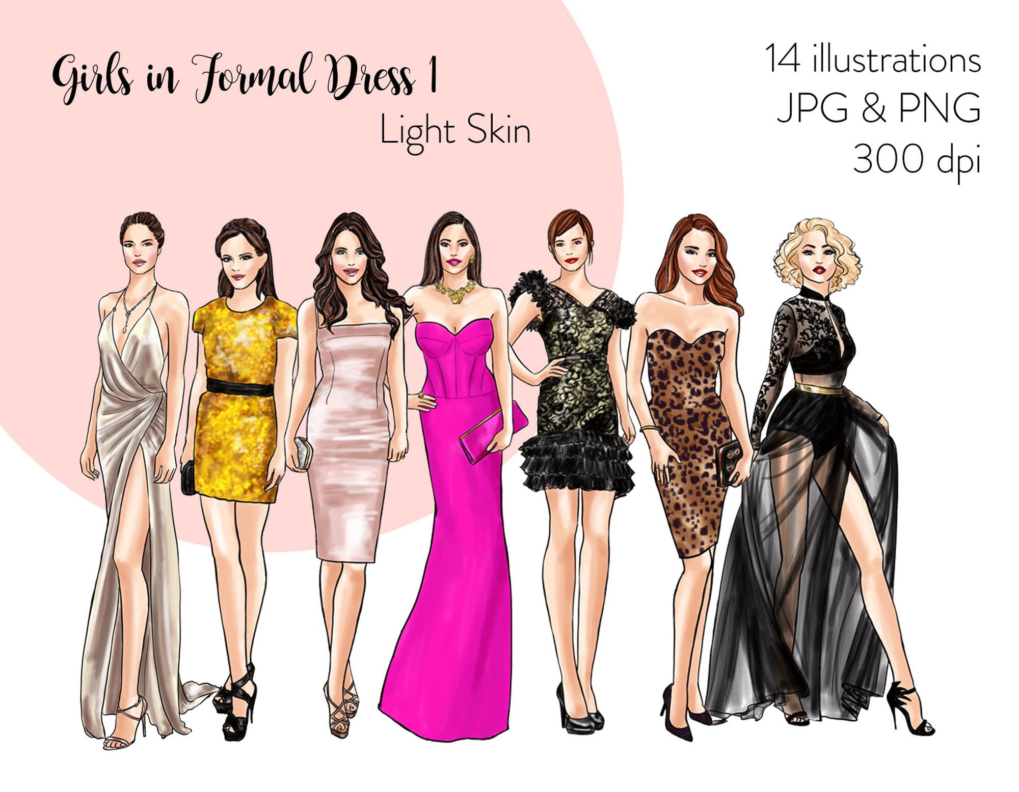Girls in Formal Dress 1 Light Skin Fashion Illustration - Etsy