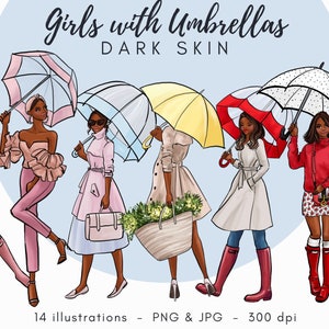 Girls with umbrellas - dark skin Fashion illustration clipart, printable art, instant download, fashion print, watercolor clipart