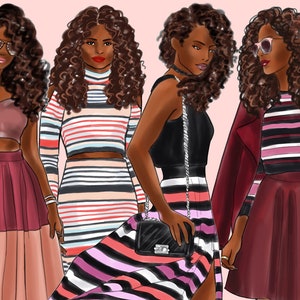 Girls in Stripes Dark Skin Fashion Illustration Clipart - Etsy