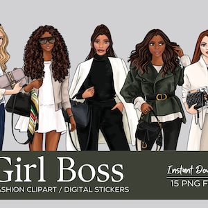 Girl Boss Digital Fashion ilustración clipart, 3 tonos de piel, 21 png, arte imprimible, descarga instantánea, impresión de moda, chicas planificadoras