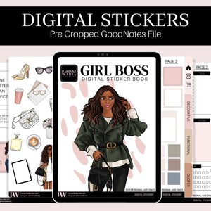 May include: Digital sticker book for GoodNotes with a girl boss theme. The cover features a woman with long brown hair wearing a green jacket and black trousers. The stickers include quotes, to-do lists, and decorative elements.