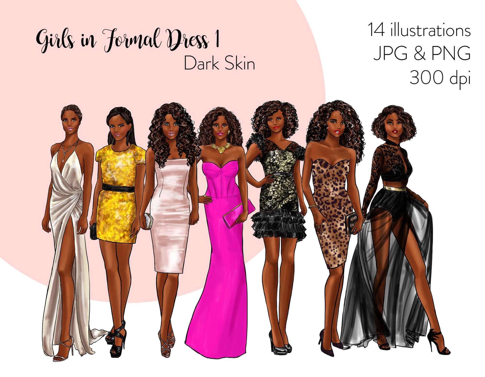 Dark Skin Fashion Girls Clipart: Watercolor Formal Dress Illustration  (digital Download) - Etsy New Zealand