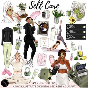 Puede incluir: Un conjunto de 49 pegatinas digitales con ilustraciones de actividades de cuidado personal, que incluyen yoga, meditación, cuidado de la piel y alimentación saludable. Las pegatinas son de estilo de dibujos animados y presentan colores brillantes.