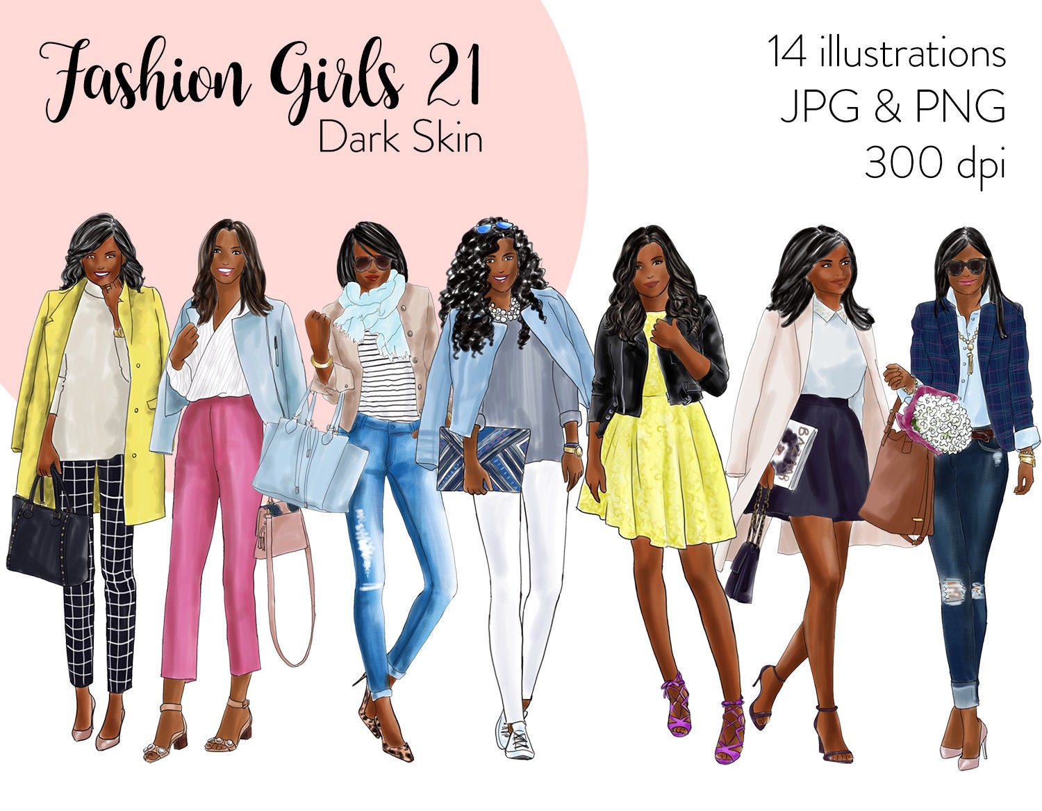 Schwarzes Mädchen Clipart Illustration Fashion Girls 21 - druckbare Kunst, sofortiger download, Modedruck, Aquarell PNG