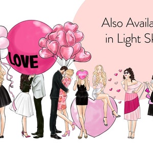 May include: A digital illustration of a group of people holding pink balloons and hearts. The balloons spell out the word "LOVE". The text "Also Available in Light Skin" is in the upper right corner of the image.