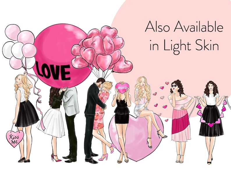 May include: A digital illustration of a group of people holding pink balloons and hearts. The balloons spell out the word "LOVE". The text "Also Available in Light Skin" is in the upper right corner of the image.