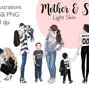 Mother & Son Fashion Illustration Clipart: Watercolor Art (Digital Download)